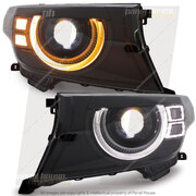 DEFEND-R DRL Full LED Black Projector Headlights PAIR fits Toyota Landcruiser 200 Series 2007 - 2015