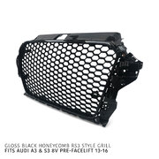 Grill Gloss Black Honeycomb RS3 Style Fits Audi A3 S3 8V 2013 - 2016