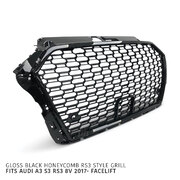 Grill Gloss Black Honeycomb RS3 Style Fits Audi A3 S3 8V 2017 - 2020
