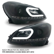 Black Projector Headlights PAIR DRL Style fits Mercedes C-Class W204 2011 - 2014