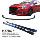 Front Bumper Lower Lip & Side Skirts CARBON Finish For Mazda 3 BM BN Hatch Sedan