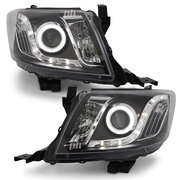 Black Headlights PAIR DRL Halo Projector Fits Toyota Hilux N70 07/2011 - 2014